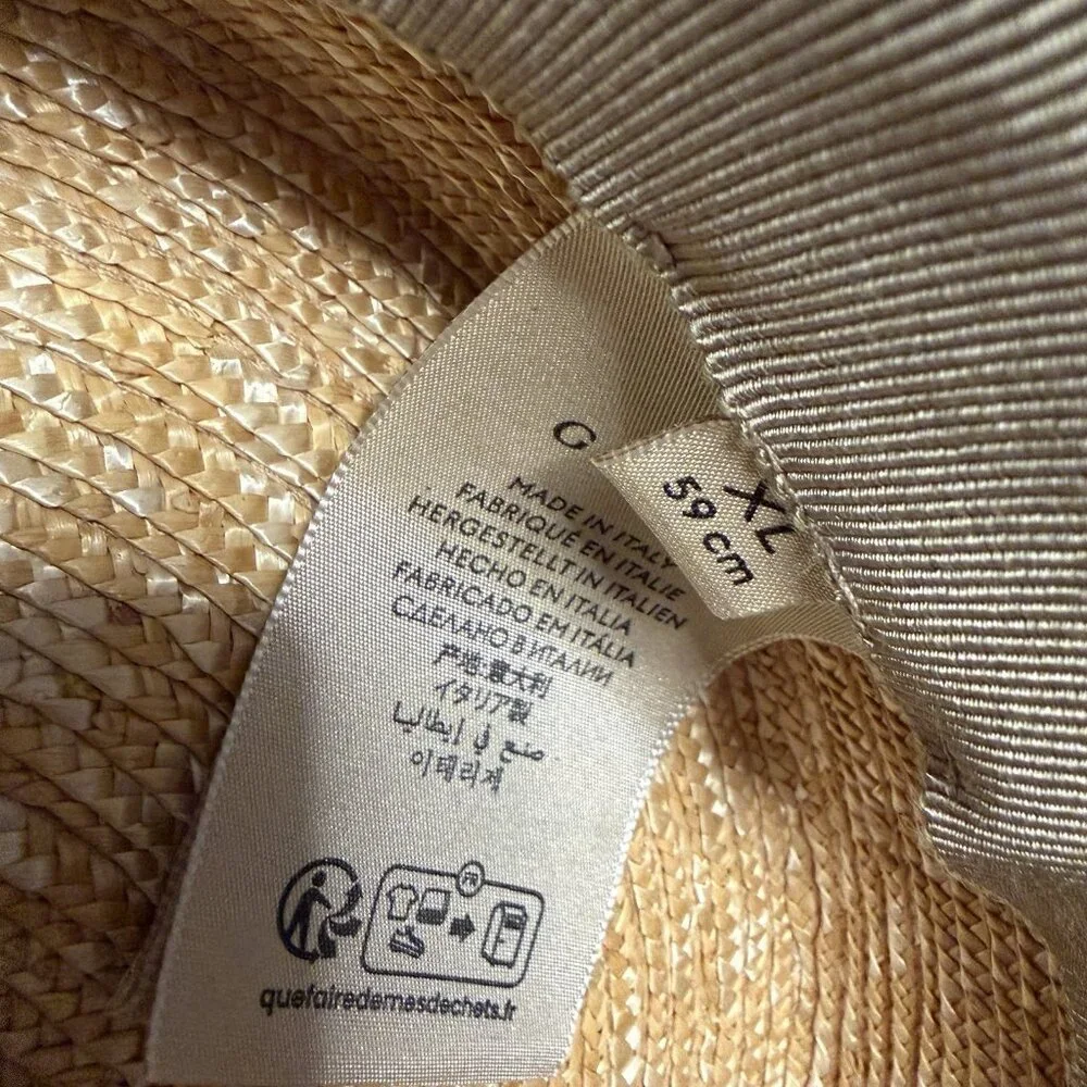 NEW Gucci Wide Brim Raffia Straw GG Ribbon White Hat XL 59 cm